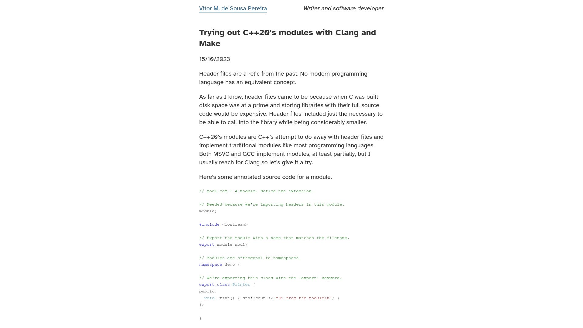 Screenshot of 0x1.pt: Trying out C++20's modules with Clang and Make