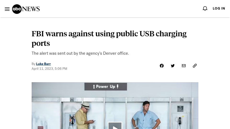 Screenshot of abcnews.go.com: FBI warns against using public USB charging ports