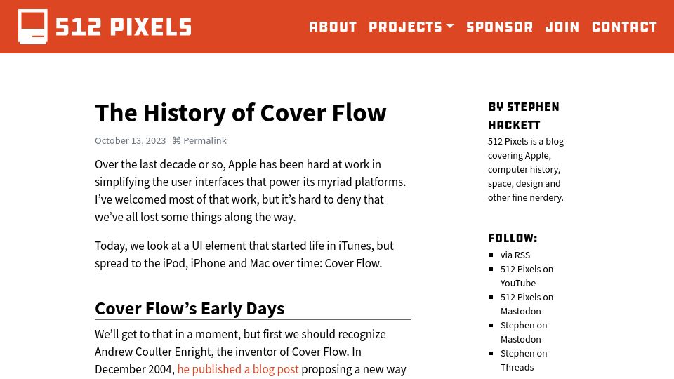 Screenshot of 512pixels.net: The History of Cover Flow