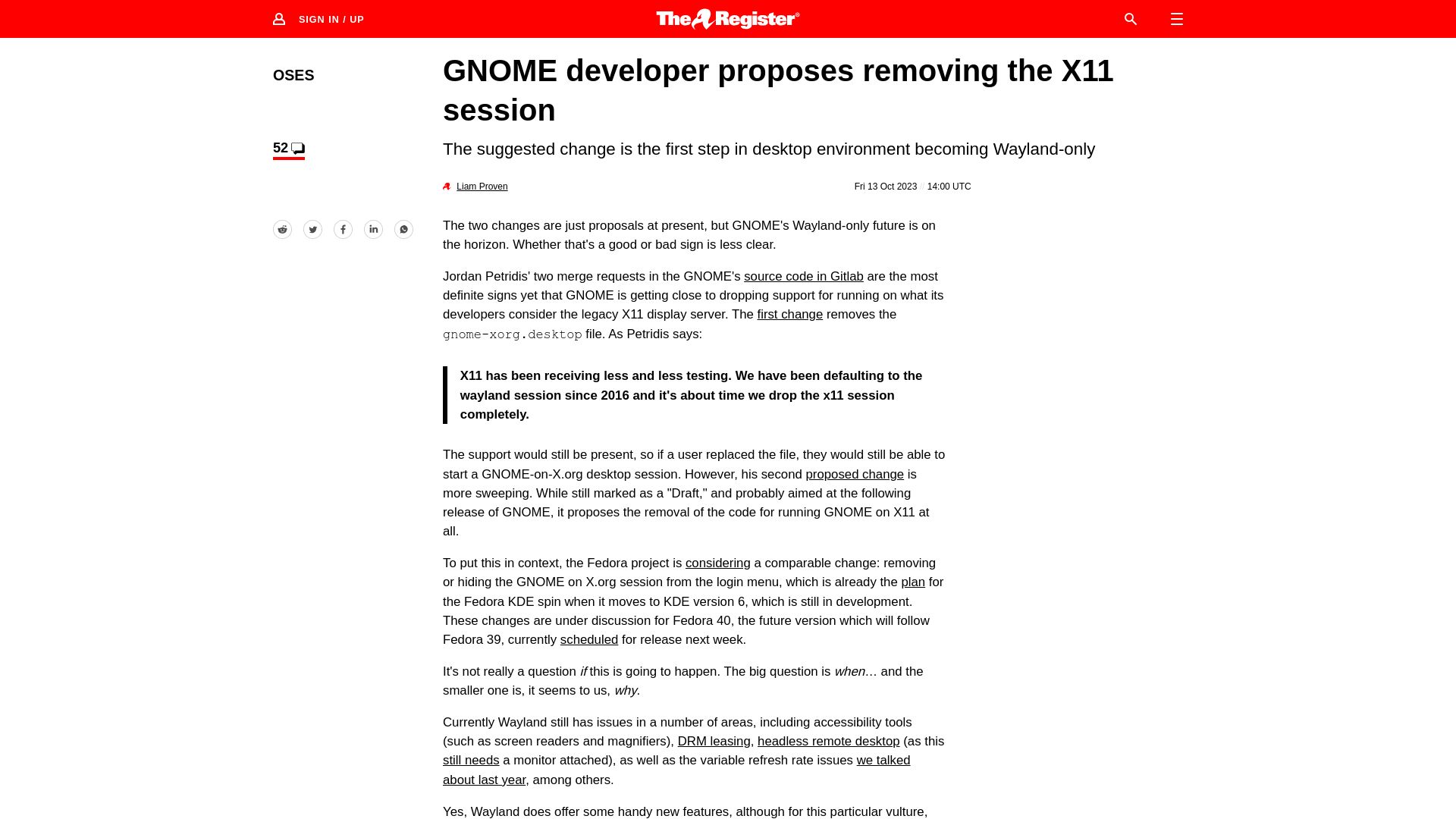 Screenshot of theregister.com: Gnome developer proposes removing the X11 session