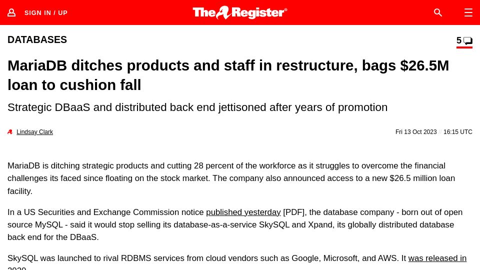 Screenshot of theregister.com: MariaDB ditches products and staff in restructure