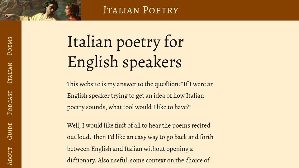 Screenshot of italianpoetry.it: Show HN: "Interactive" Italian Poetry for English Speakers