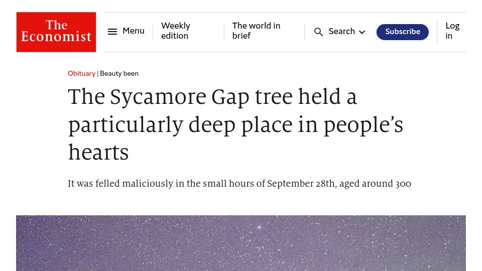 Screenshot of economist.com: The Sycamore Gap tree held a particularly deep place in people's hearts