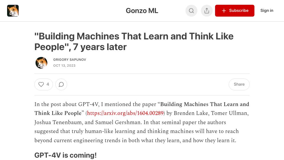 Screenshot of gonzoml.substack.com: "Building Machines That Learn and Think Like People", 7 Years Later