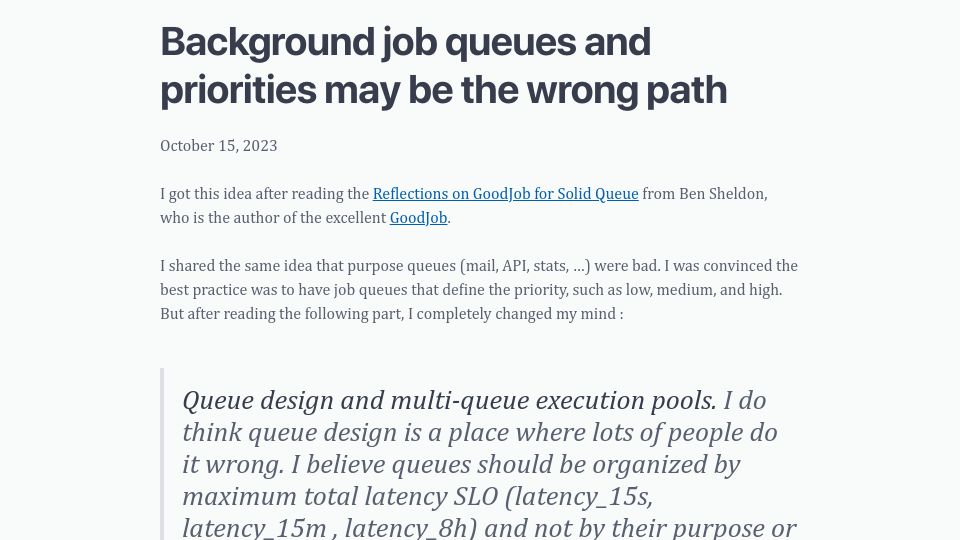 Screenshot of alexis.bernard.io: Background job queues and priorities may be the wrong path