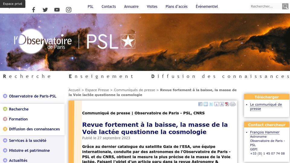 Screenshot of observatoiredeparis.psl.eu: Revisited mass of the Milky Way is much smaller than expectations from cosmology