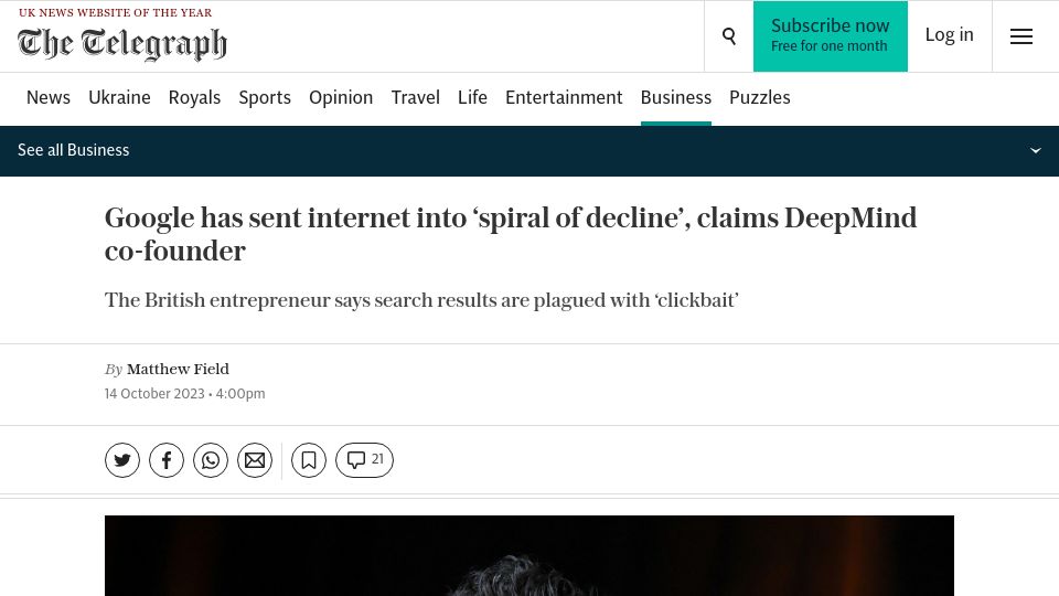 Screenshot of telegraph.co.uk: Google has sent internet into 'spiral of decline', claims DeepMind co-founder