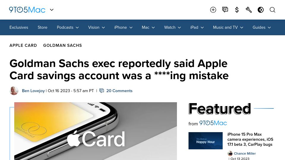 Screenshot of 9to5mac.com: Goldman Sachs reportedly said Apple Card savings account was a mistake