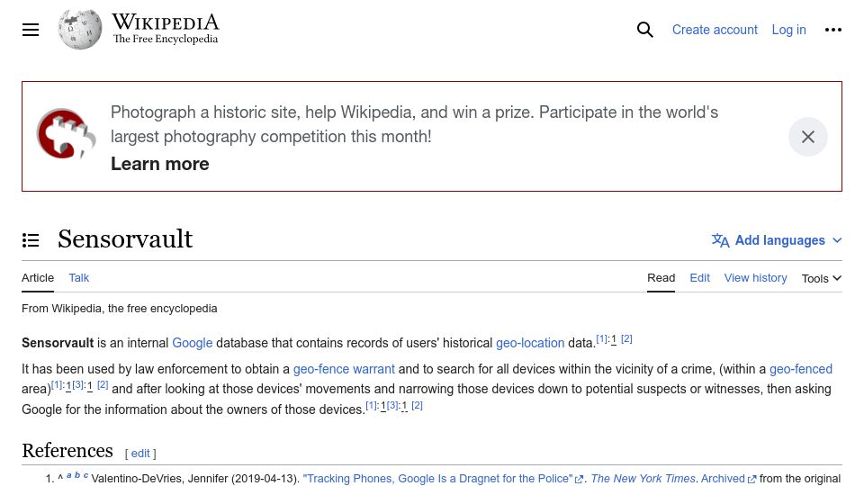 Screenshot of en.wikipedia.org: Sensorvault