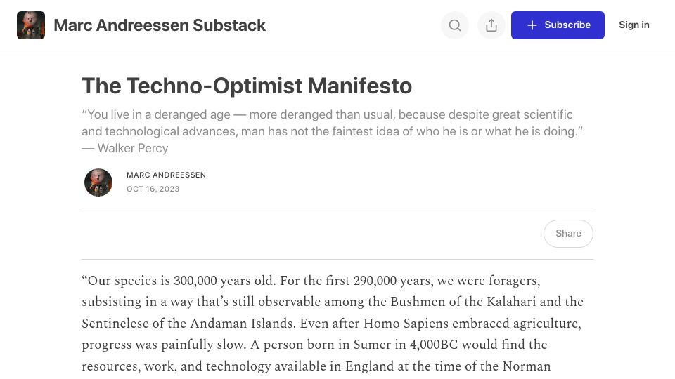 Screenshot of pmarca.substack.com: The Techno-Optimist Manifesto