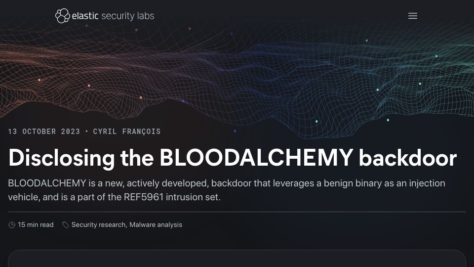 Screenshot of elastic.co: Disclosing the BLOODALCHEMY backdoor