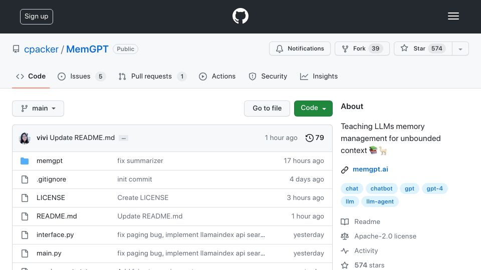 Screenshot of github.com: MemGPT – LLMs with self-editing memory for unbounded context
