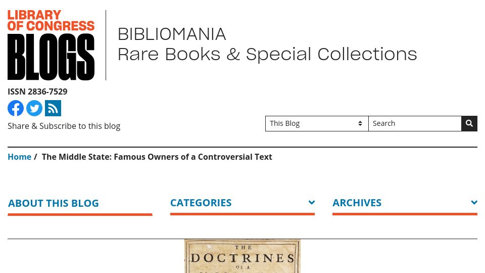 Screenshot of blogs.loc.gov: The Middle State: Famous Owners of a Controversial Text