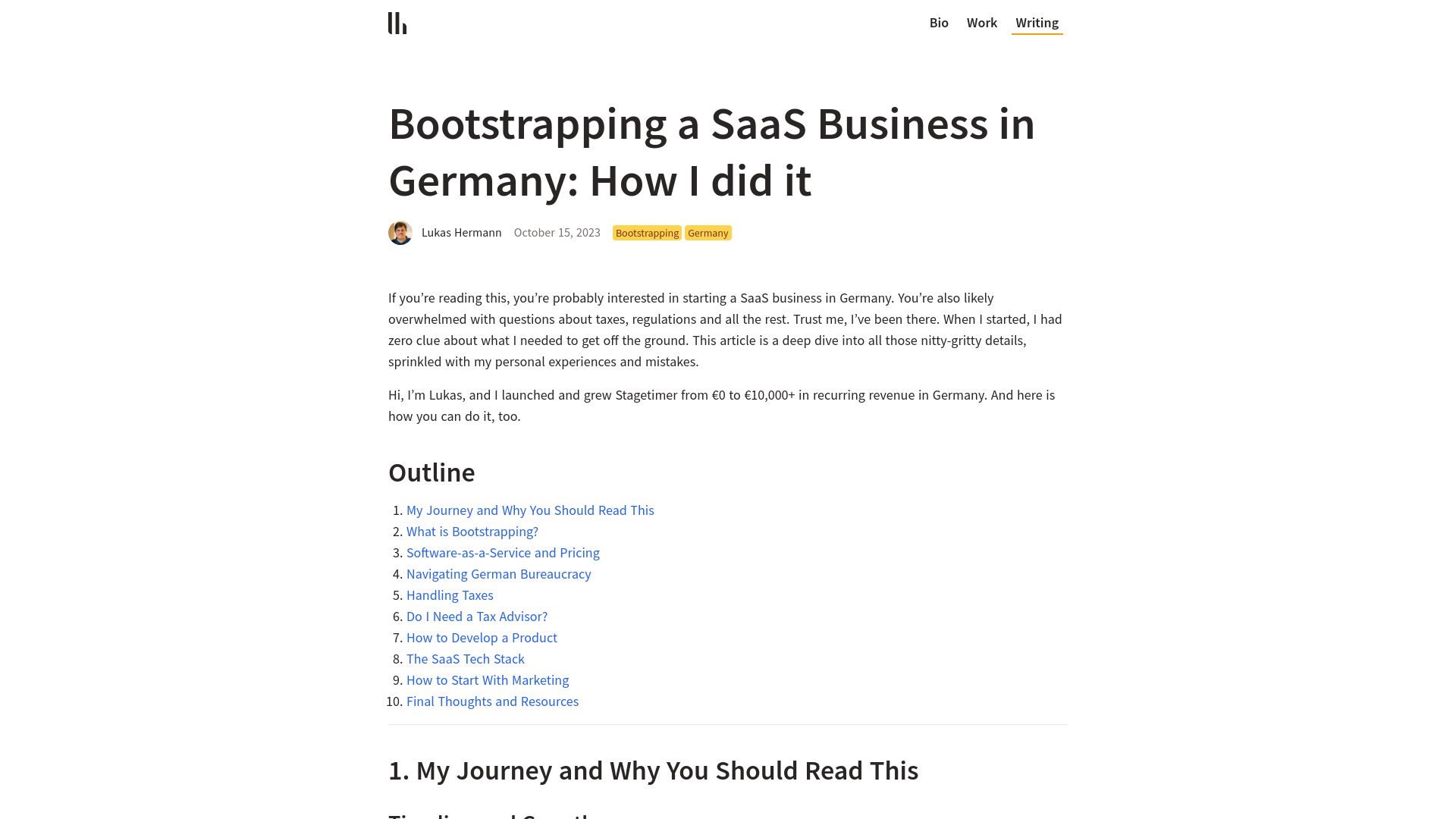 Screenshot of lukashermann.dev: Bootstrapping a SaaS Business in Germany: How I did it