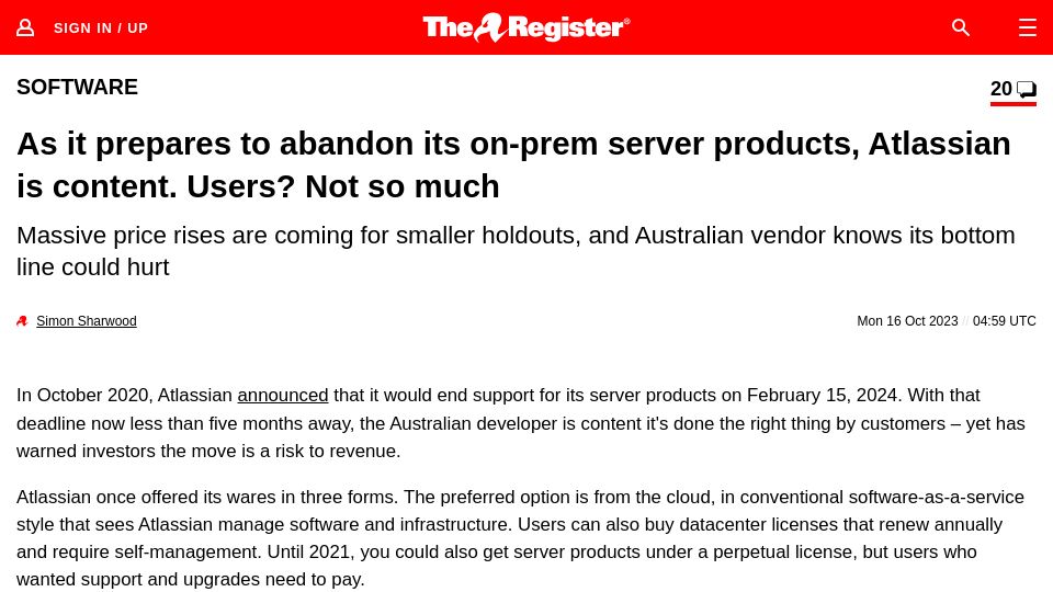 Screenshot of theregister.com: Atlassian prepares to abandon on-prem server products