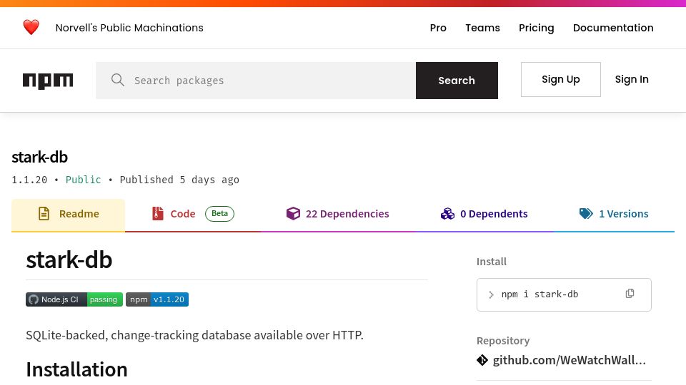 Screenshot of npmjs.com: Stark-DB: SQLite-backed, change-tracking database available over HTTP