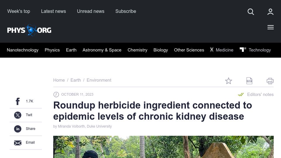 Screenshot of phys.org: Roundup herbicide ingredient connected to epidemic chronic kidney disease