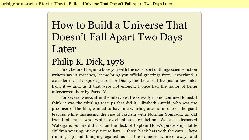 Screenshot of urbigenous.net: How to build a universe that doesn’t fall apart two days later (1978)