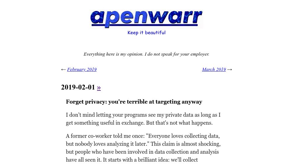 Screenshot of apenwarr.ca: Forget privacy: you're terrible at targeting anyway (2019)