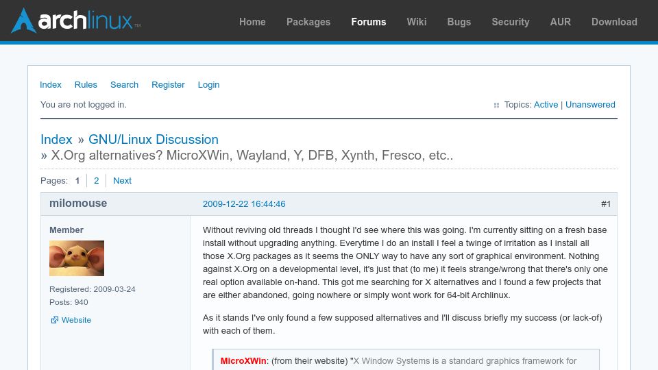 Screenshot of bbs.archlinux.org: X.org Alternatives? MicroXWin, Wayland, Y, DFB, Xynth, Fresco, etc. (2009)