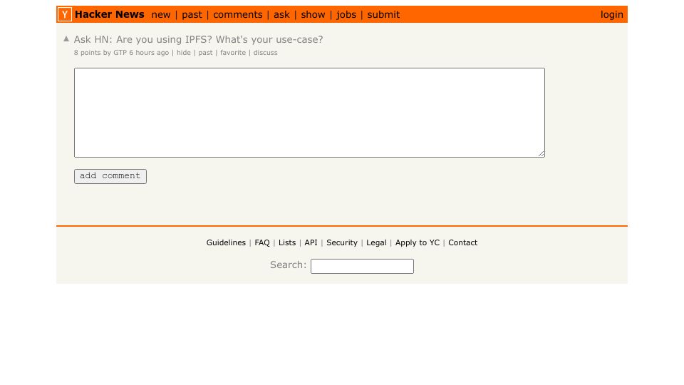 Screenshot of Hacker News post: Ask HN: Are you using IPFS? What's your use-case?