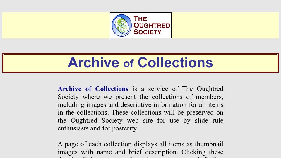 Screenshot of osgalleries.org: Oughtred Society Archive of Slide Rule Collections