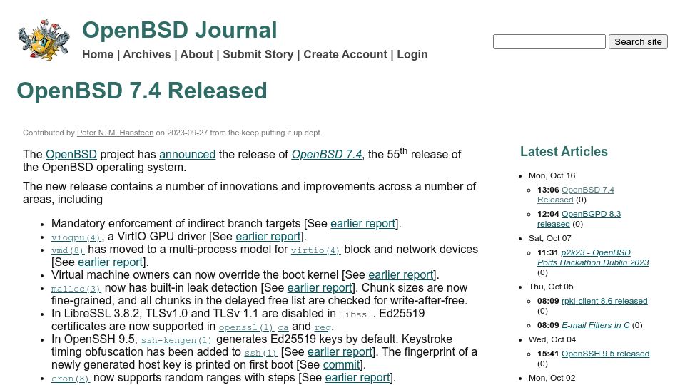 Screenshot of openbsd.org: OpenBSD 7.4