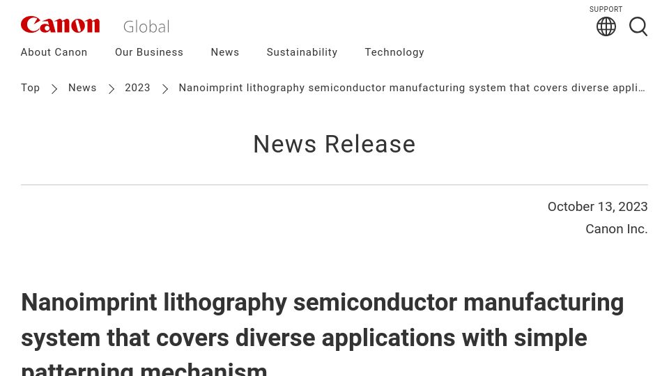 Screenshot of global.canon: Canon Nanoimprint lithography semiconductor manufacturing system (5nm)