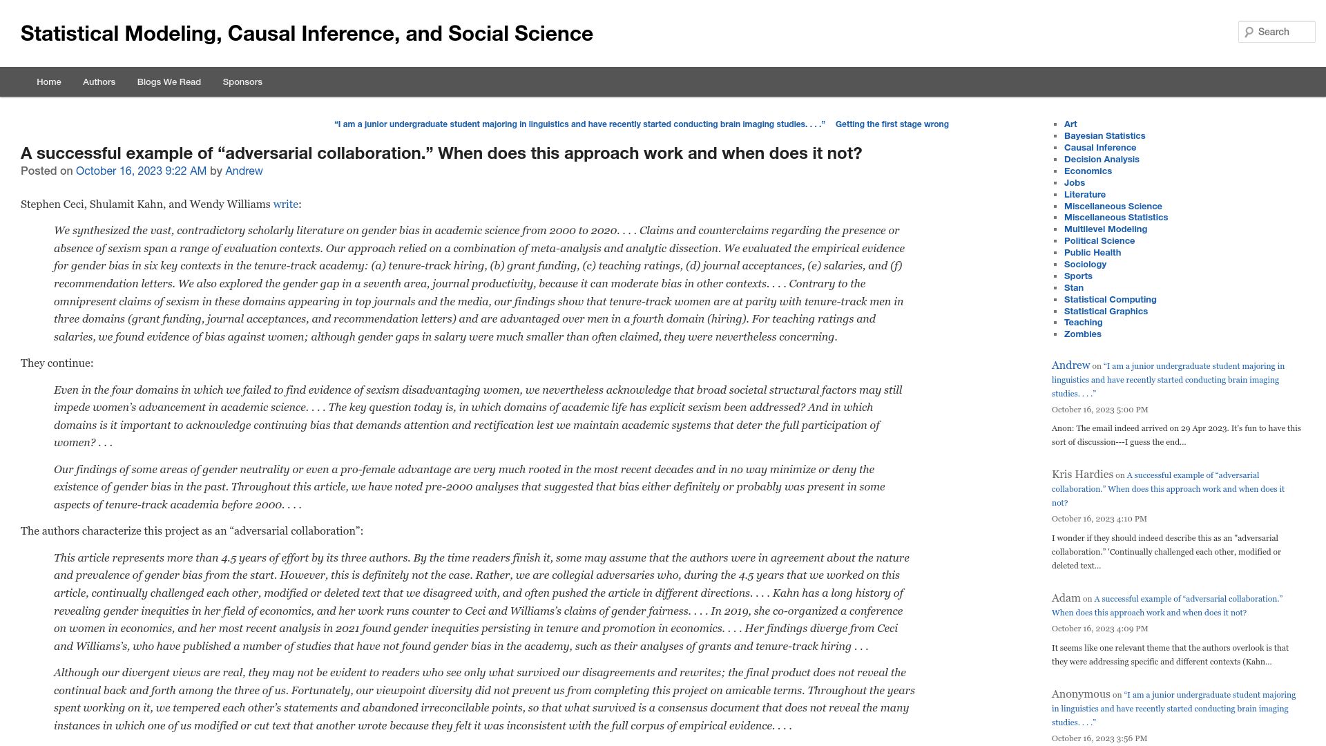 Screenshot of statmodeling.stat.columbia.edu: A successful example of "adversarial collaboration"