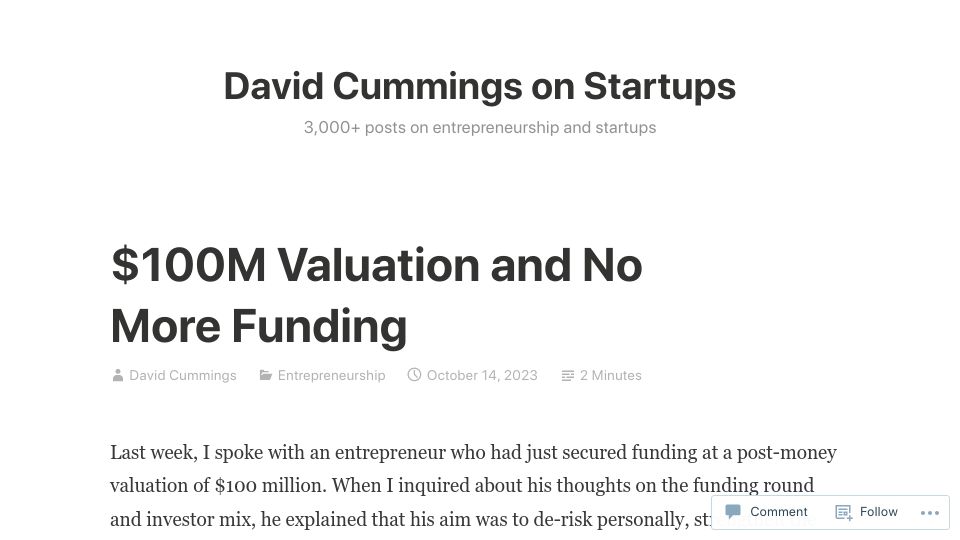 Screenshot of davidcummings.org: $100M Valuation and No More Funding