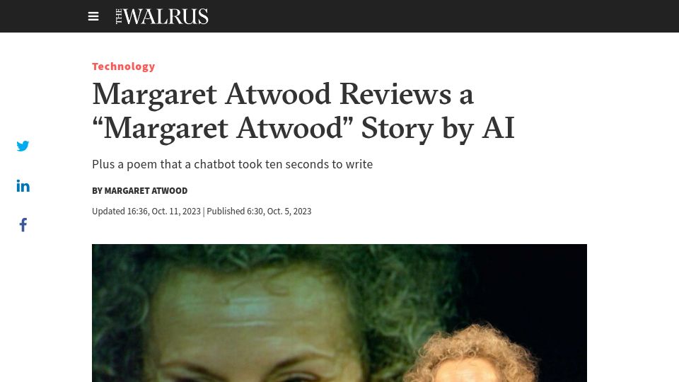 Screenshot of thewalrus.ca: Margaret Atwood Reviews a Margaret Atwood Story by AI