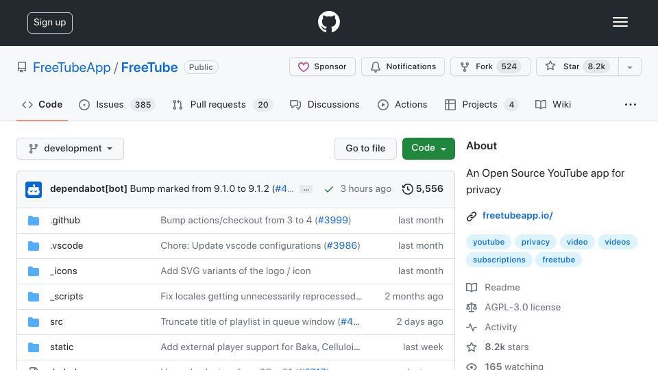 Screenshot of github.com: FreeTube – The Private YouTube Client