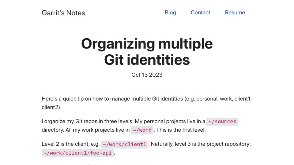 Screenshot of garrit.xyz: Organizing multiple Git identities