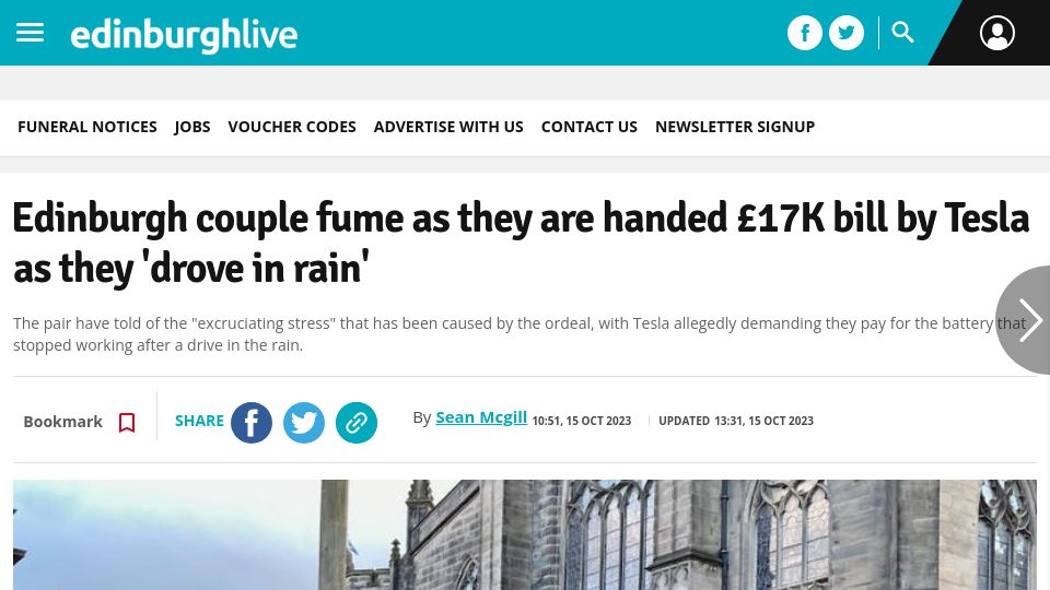 Screenshot of edinburghlive.co.uk: Edinburgh couple are handed £17K bill by Tesla as they 'drove in rain'