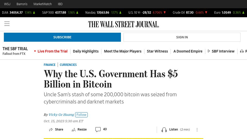 Screenshot of wsj.com: The U.S. Government Has $5B in Bitcoin