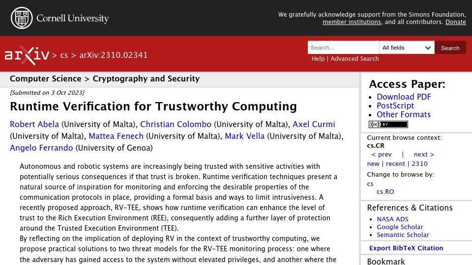 Screenshot of arxiv.org: Runtime Verification for Trustworthy Computing