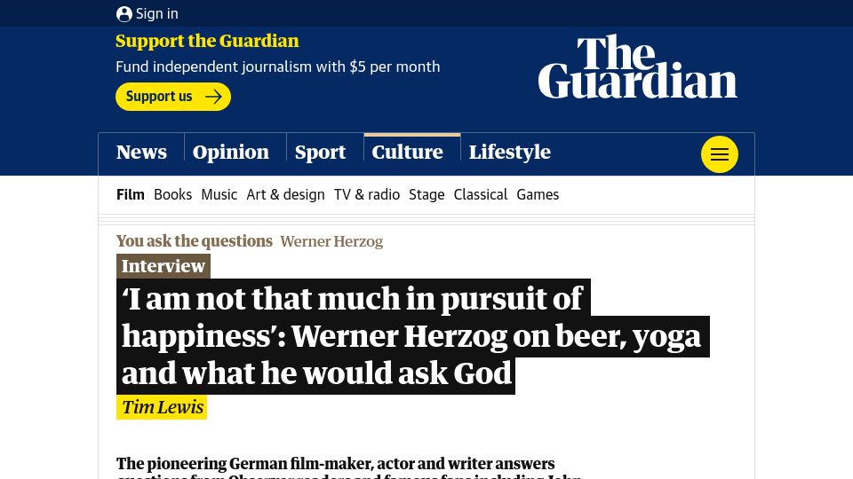 Screenshot of theguardian.com: Werner Herzog on beer, yoga and what he would ask God
