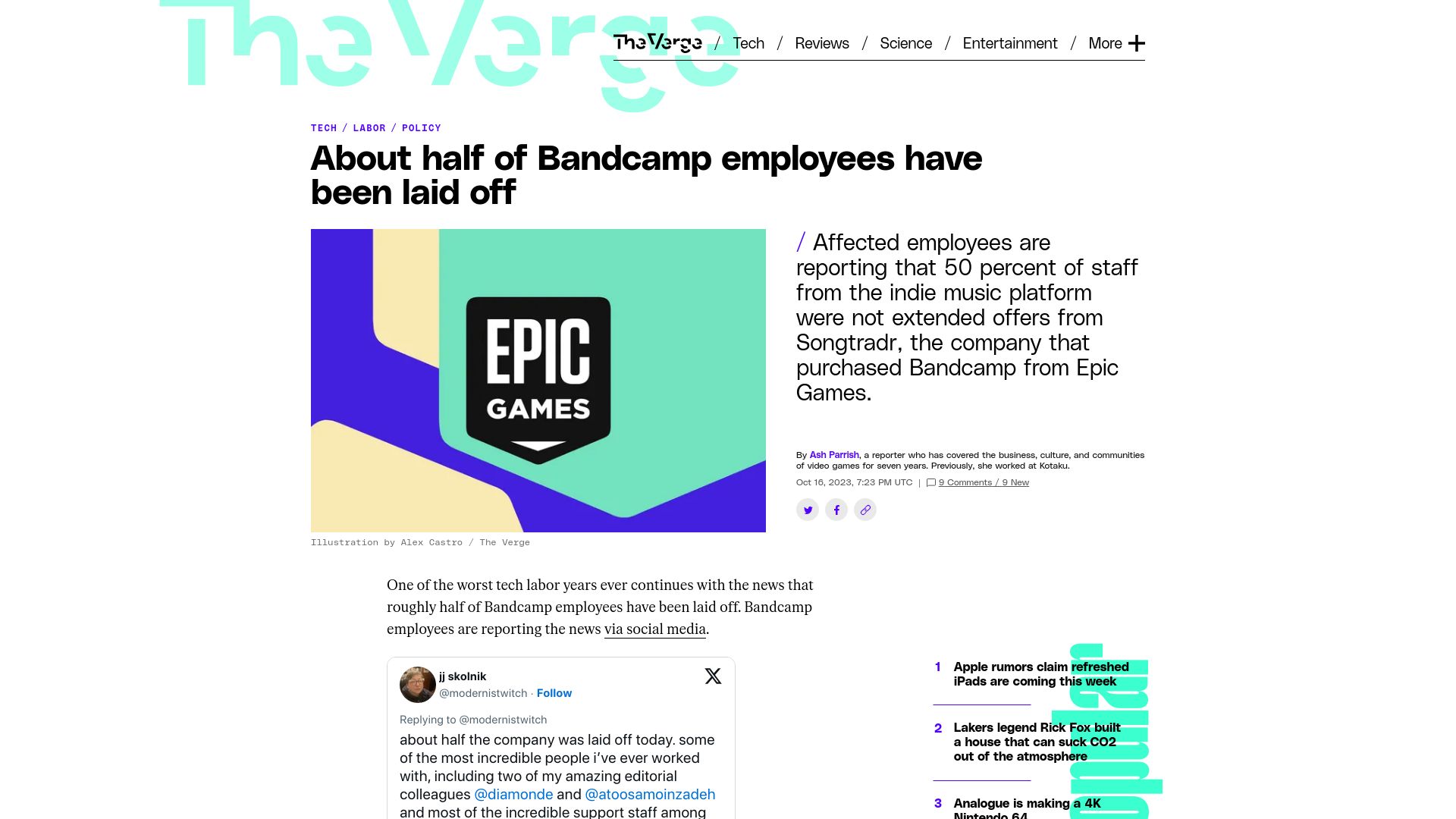Screenshot of theverge.com: About half of Bandcamp employees have been laid off