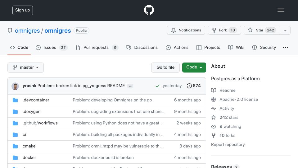 Screenshot of github.com: Omnigres: Postgres as a Platform