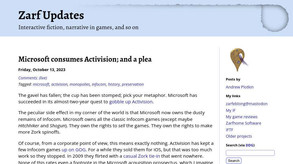 Screenshot of blog.zarfhome.com: Microsoft consumes Activision; and a plea