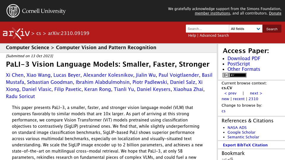 Screenshot of arxiv.org: PaLI-3 Vision Language Models