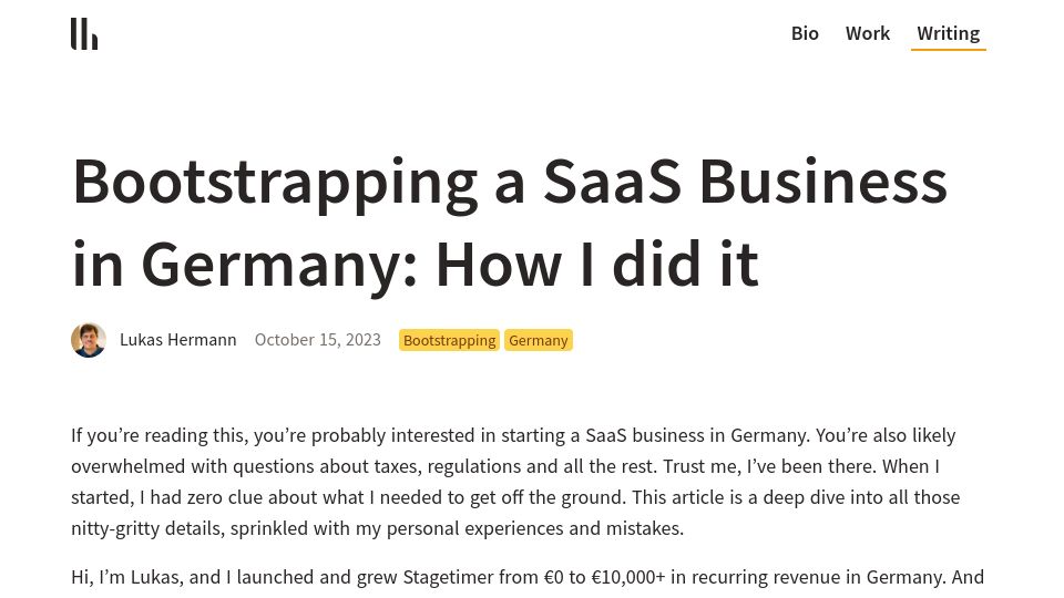 Screenshot of lukashermann.dev: Bootstrapping a SaaS Business in Germany: How I did it