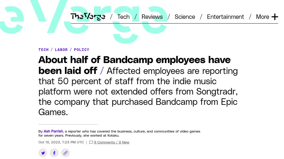 Screenshot of theverge.com: About half of Bandcamp employees have been laid off