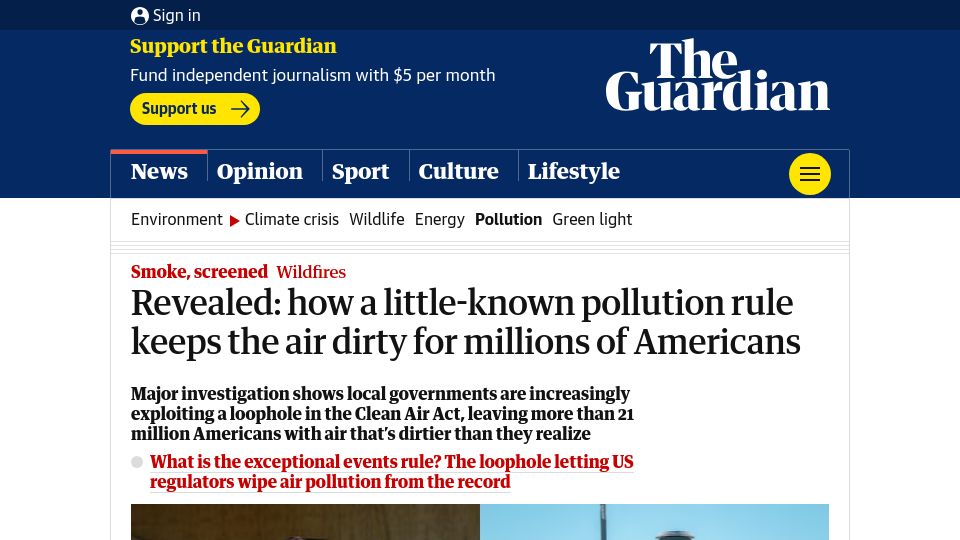 Screenshot of theguardian.com: A little-known pollution rule keeps the air dirty for millions of Americans