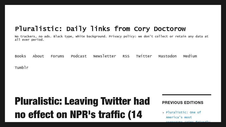 Screenshot of pluralistic.net: Leaving Twitter had no effect on NPR's traffic