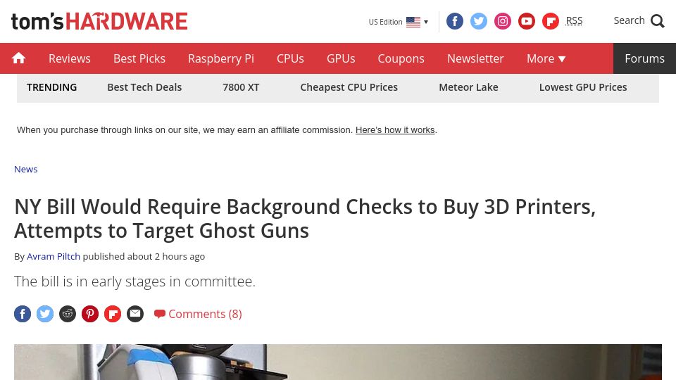Screenshot of tomshardware.com: NY Bill Would Require Background Checks to Buy 3D Printers