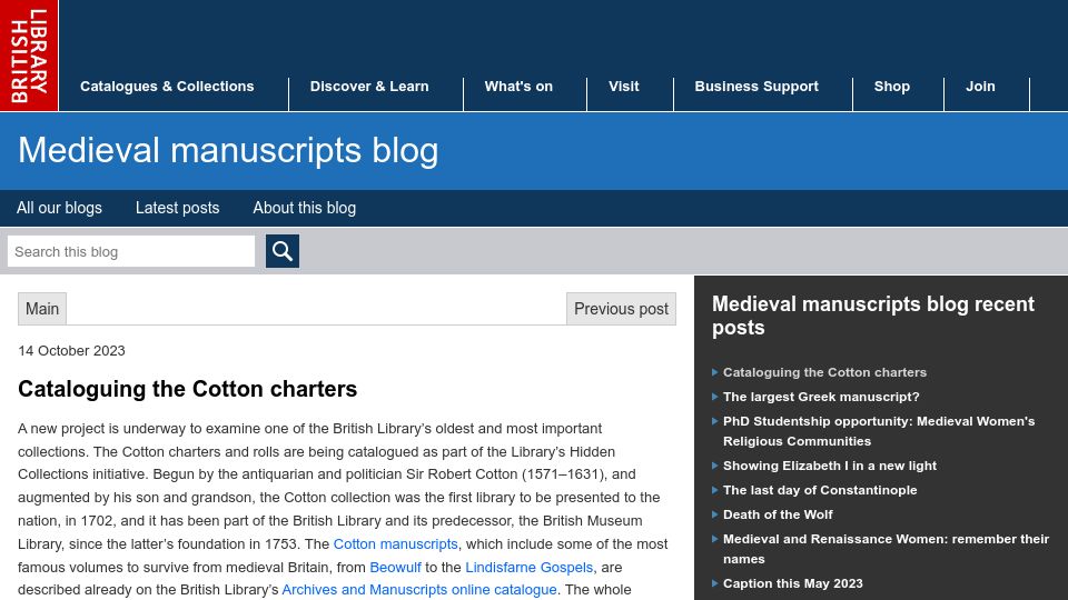 Screenshot of blogs.bl.uk: Cataloguing the Cotton Charters