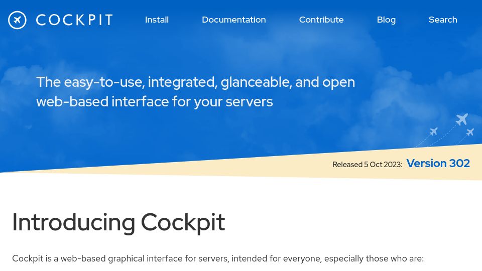 Screenshot of cockpit-project.org: Cockpit: Web-based graphical interface for servers