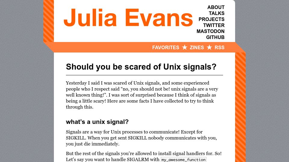 Screenshot of jvns.ca: Should you be scared of Unix signals? (2016)