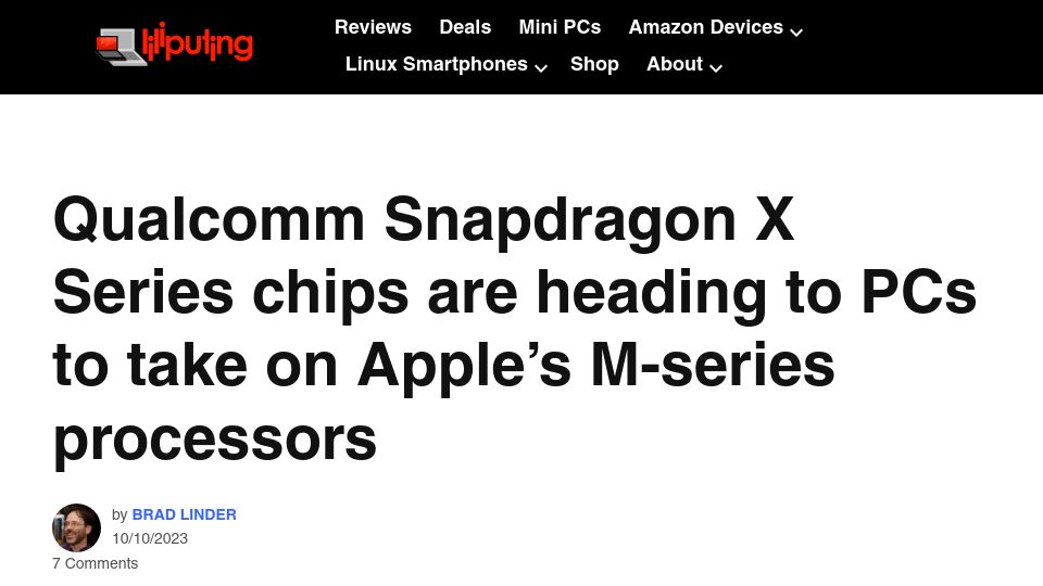 Screenshot of liliputing.com: Snapdragon X Series chips are heading to PCs to take on Apple's processors